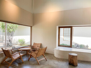 Cafe tables and chairs are made of wood. Cafe or restaurant interior decoration chair