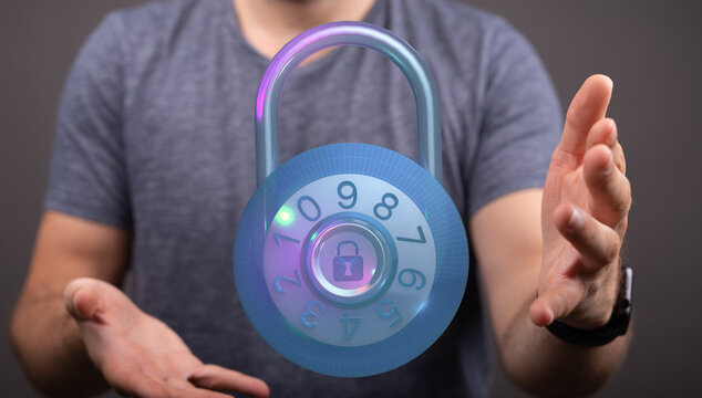 Secure digital concept with padlock icon in hands. Data protection and internet security concept. Digital lock with code abstract fut