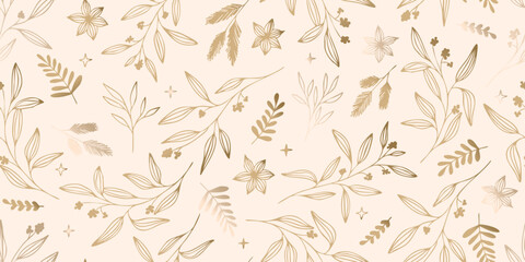 Elegant seamless pattern with gold branches in line art style, background with winter botanical elements