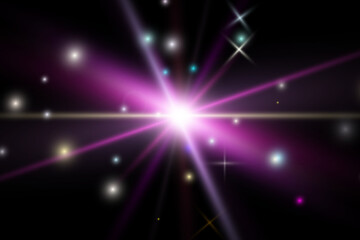 Fototapeta premium Large violet star surrounded by many small glowing stars and colorful light flares. Abstract cosmic background with radiant shine, soft beams, and dreamy atmosphere. Perfect for fantasy, celestial, or