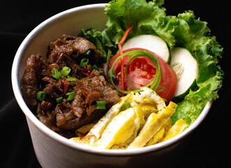 Detailed Straight On Rice Bowl with Sauteed Beef, Fried Egg, Salad Lettuce, Tomato and Cucumber with Black Background