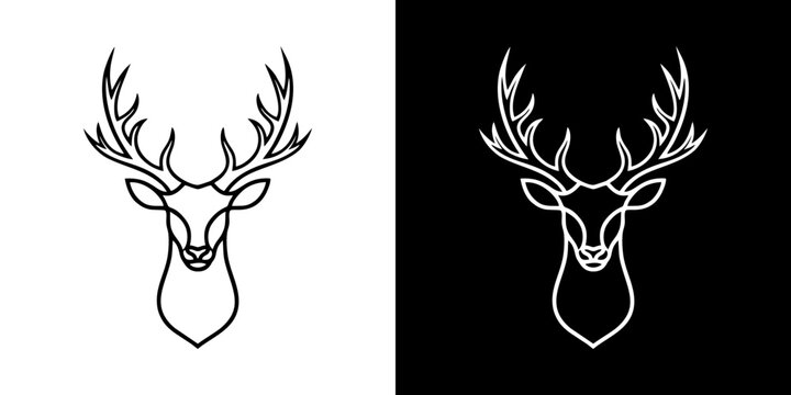 Elegant one-line drawing of a deer head with large antlers. Minimalist stag logo or icon design presented in a black and white vector format