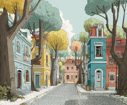 Cartoon-style street with walking houses and trees greeting each other