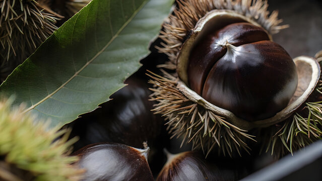Whole roasted brown chestnuts and leaves scattered on a clean white background, capturing the essence of the sweet autumn harvest season
