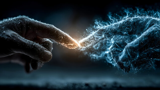 Touching Fingers with Glowing Energy Particles on Dark Background