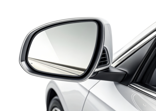 Side view mirror on a modern silver car