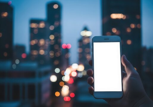 Hand holding a smartphone with a blank white screen against a blurred city skyline at dusk