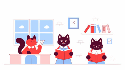Cats reading books in a cozy room