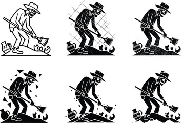 Archaeologist working on excavation site discovering ancient pottery artifacts, skeleton figure digging with brush, archaeology research vector illustration, 
