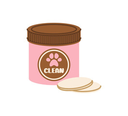 Pet cleaning cloths in a simple flat style.  Pink jar with brown lid with napkins for the eyes, ears, teeth of a pet. Isolated vector illustration
