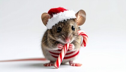 Christmas Mouse with Santa Hat and Candy Cane Symbolizing Holiday Whimsy and Editorial Styling for Festive Cheer