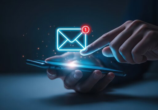 Person holding smartphone a glowing email notification icon, symbolizing digital communication messaging