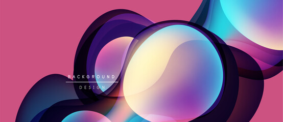 Abstract fluid shapes overlap, creating vibrant color gradients. Pink background complements blue, purple hues. Modern design element.