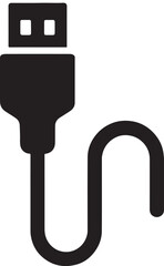 USB connector plug silhouette with curved cable, digital device and technology vector.