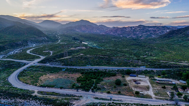Aerial sunset nature landscape of Ojai mountains and valley in rural southern California CA