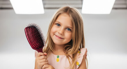 Young smiling girl holding a hairbrush in her hands in a bright studio. Happy child with long blonde hair posing indoors