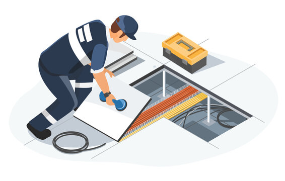 Technician inspecting server room raised floor panels to access network cables in data center environment for maintenance and infrastructure management