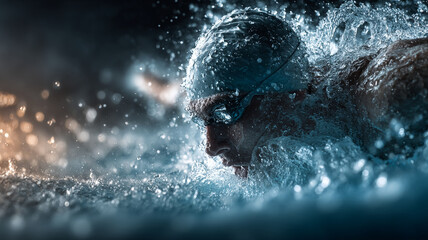 Extreme energy bursts in sports swimming as athlete powers through water with intense focus and dynamic motion creating splashes and droplets in thrilling aquatic scene
