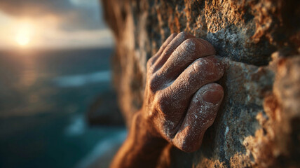 Climbing hand gripping rough rock surface with chalk powder during extreme sports activity showing energy and strength in outdoor adventure at sunset