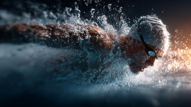 Swimmer in cap and goggles powers through water with extreme focus and energy, showcasing intensity of sports in dynamic and energetic moment