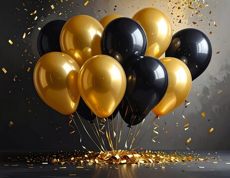 A cluster of shiny golden and black balloons floats against a textured grey background with scattered gold confetti