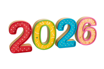 Colorful wooden numbers forming 2026 with varied patterns