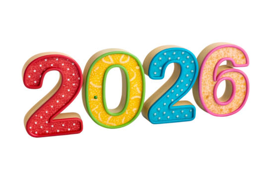 Colorful wooden numbers forming 2026 with varied patterns