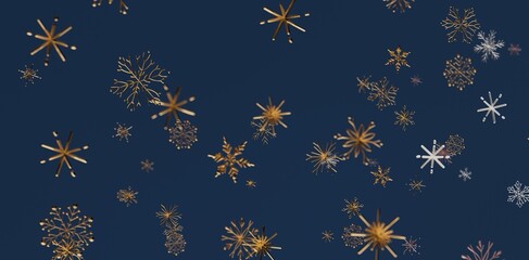 Stunning golden snowflakes floating on a deep blue background. Perfect for winter holidays, Christmas, New Year designs. Celebrate with grace.