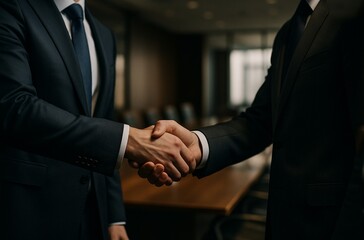 Two businessmen shaking hands in modern office, symbolizing partnership and success. Professional handshake in corporate setting, representing trust and collaboration