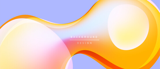 Abstract fluid shapes overlap, creating vibrant color gradients. Soft pinks, oranges, yellows blend into lavender backdrop. Modern design element.