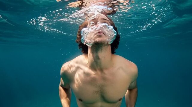 Experience the freedom of underwater exploration as a man dives into crystal-clear turquoise water, creating a captivating moment of aquatic adventure and showcasing the joy of summer