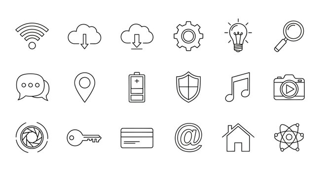 Collection of minimalistic digital icons illustrating diverse functionalities and concepts