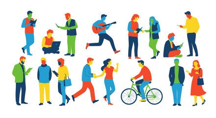 Diverse individuals in vivid colors engaged in daily activities and modern lifestyle