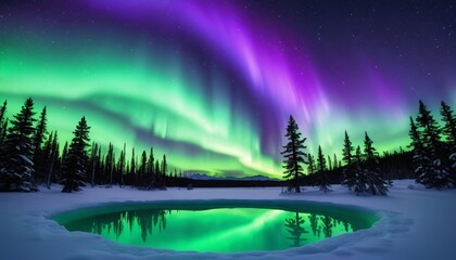 Winter wonderland. Aurora borealis dances over snow covered forest, reflected in icy lake. Polar sky magic. Green and purple light waves illuminate night landscape. Cold splendor. Northern lights