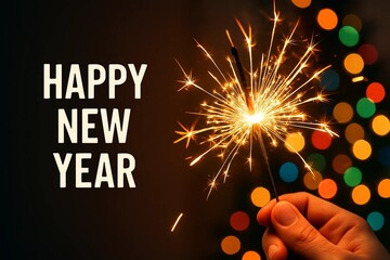 Sparkling New Year Eve celebration with fireworks and bokeh lights, capturing joy and excitement of festive season. Hand holding sparkler symbolizing magic and wonder. Holiday banner or postcard