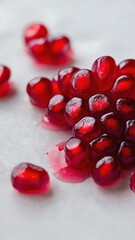 Juicy pomegranate seeds scattered on white surface. Vibrant and appetizing display. Close-up of glistening pomegranate arils. Ruby red color and freshness