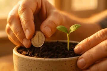 Coin in pot with plant, representing investments and their fruits. Optimistic image of person planting money in soil, symbolizing hope for growth and development