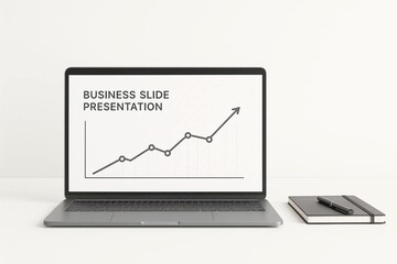Business presentation slide with upward trend graph, laptop, notebook and pen on white surface. Modern office, productivity and success concept. 
Professional workspace setup