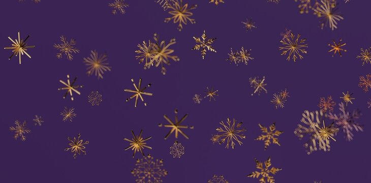 Abstract design with golden snowflakes falling on a purple background, perfect for winter and holiday themes. Ideal for Christmas, New Year, and