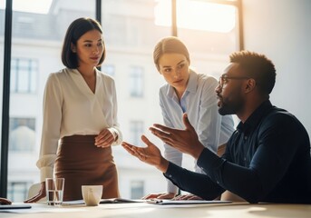 A diverse team of professionals engaged in a lively discussion around a table in a bright office