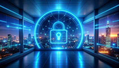 Cybersecurity in the city with glowing digital padlock protecting data privacy and network security, a modern and futuristic technology concept