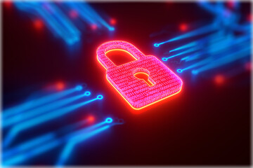 A glowing digital padlock surrounded by binary code, symbolizing cybersecurity and data protection in a vibrant, futuristic design.