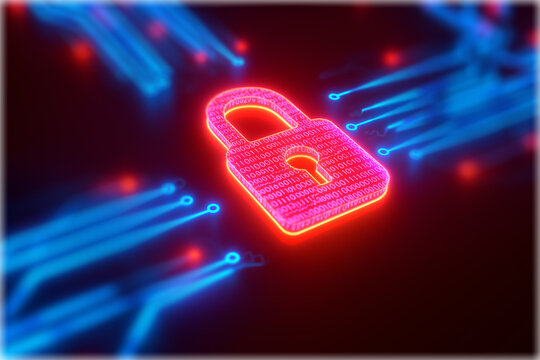 A glowing digital padlock surrounded by binary code, symbolizing cybersecurity and data protection in a vibrant, futuristic design.