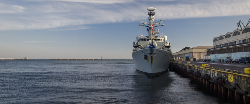 GUIDED MISSILE FRIGATE - Royal Navy ship in port at the quay
