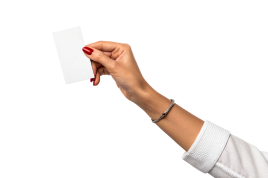 Woman's hand holding blank card with red fingernails - Powered by Adobe