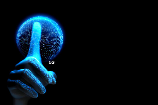 A glowing hand touches a digital sphere, symbolizing technology and connectivity, with "5G" prominently displayed.