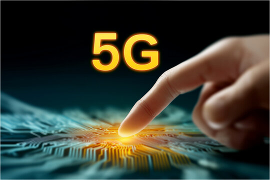 A hand touches a glowing circuit board, symbolizing the connection and advancement of 5G technology in a digital landscape.