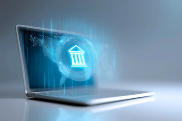 A sleek laptop displays a digital globe with a bank icon, symbolizing online banking and financial technology.