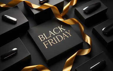 Luxurious black friday sale with gift boxes and golden ribbon for online marketing campaign