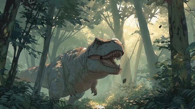 Anime T Rex Dinosaur Roaring Loudly in Dense Tropical Forest Illustration Scene